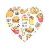 cuore forma con veloce cibo e veloce cibo testo. vettore isolato Rifiuto cibo concetto illustrazione.