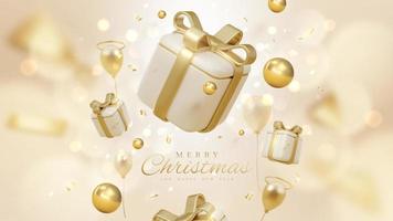allegro Natale sfondo con regalo scatola decorazione e oro palla e palloncini con bokeh elementi e splendore effetti. vettore illustrazione.
