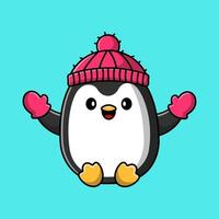 carino pinguino indossare guanto e cappello cartone animato vettore icona illustrazione. piatto cartone animato concetto