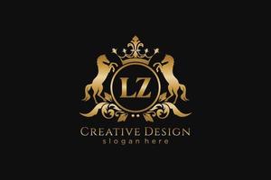 iniziale lz retrò d'oro cresta con cerchio e Due cavalli, distintivo modello con pergamene e reale corona - Perfetto per lussuoso il branding progetti vettore