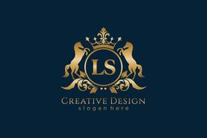 iniziale ls retrò d'oro cresta con cerchio e Due cavalli, distintivo modello con pergamene e reale corona - Perfetto per lussuoso il branding progetti vettore