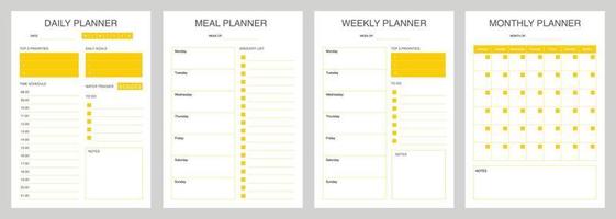 impostato minimalis progettista con giallo colore, quotidiano, pasto pianificatore, settimanalmente, mensile progettista vettore