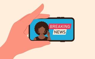 trasmissione video in linea rottura notizia su schermo smartphone con emittente africano americano ragazza nel piatto stile vettore