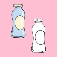 un' impostato di illustrazioni, un' piccolo plastica bottiglia per latte, Yogurt, un' copia spazio, un' vettore illustrazione nel cartone animato stile su un' colorato sfondo