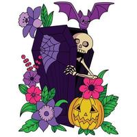raccapricciante scheletro nel il bara con pipistrello e zucca fiori decorazione Halloween colorazione pagine arte vettore