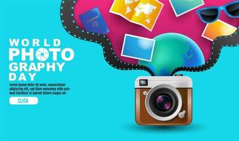 poster della giornata mondiale della fotografia con elementi provenienti dalla fotocamera vettore