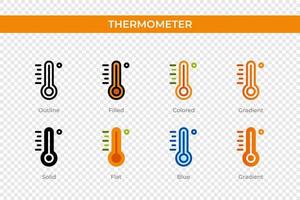 icona del termometro in uno stile diverso. icone vettoriali termometro progettate in stile contorno, solido, colorato, pieno, sfumato e piatto. simbolo, illustrazione del logo. illustrazione vettoriale