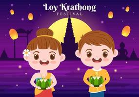 loy Krathong Festival celebrazione nel Tailandia modello mano disegnato cartone animato piatto illustrazione con lanterne e krathong galleggiante su acqua design vettore
