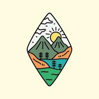 design del campeggio in montagna naturale per badge, adesivi, toppe, design di magliette, ecc vettore