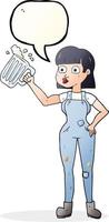 a mano libera disegnato discorso bolla cartone animato donna con birra vettore