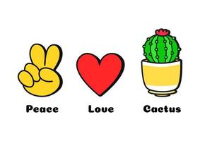 pace, amore, cactus concetto Stampa per t-shirt.vettore cartone animato scarabocchio linea grafico illustrazione logo design. pace cartello, cuore, cactus Stampa per manifesto, maglietta, logo concetto vettore