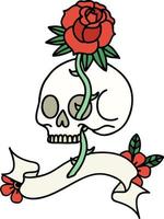 tradizionale tatuaggio con bandiera di un' cranio e rosa vettore