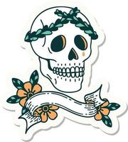 tatuaggio stile etichetta con bandiera di un' cranio con alloro ghirlanda corona vettore