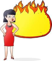 a mano libera disegnato cartone animato donna nel vestito con mani su fianchi e fiamma bandiera vettore