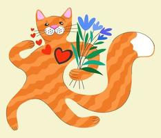 gatto con floreale mazzo e cuori. contento San Valentino giorno. vettore