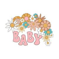 retrò 70s citazioni. Groovy bambino. fiore energia scritta. floreale retrò hippie frase, maglietta disegno, bambino doccia invito. retrò 70s margherita fiori. carino isolato grafico elemento. vettore illustrazione.