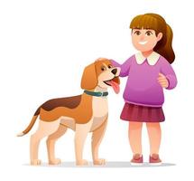 ragazza con sua beagle cane cartone animato illustrazione vettore