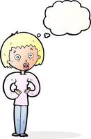 cartone animato donna Esprimere a gesti a se stesso con pensato bolla vettore