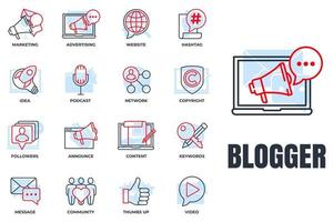 impostato di blogger, blogging icona logo vettore illustrazione. seguaci, parole chiave, idea, diritto d'autore, annunciare, sito web e Di Più imballare simbolo modello per grafico e ragnatela design collezione