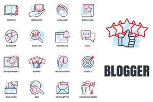 impostato di blogger, blogging icona logo vettore illustrazione. newsletter, obbiettivo, comunicazione, risorsa, sviluppo, analisi e Di Più imballare simbolo modello per grafico e ragnatela design collezione