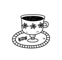 carino tazza di tè su un' piattino con caramella isolato su bianca sfondo. vettore disegnato a mano illustrazione nel scarabocchio stile. Perfetto per carte, menù, logo, decorazioni.