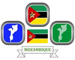 carta geografica pulsante bandiera e simbolo di mozambico su un' bianca sfondo vettore