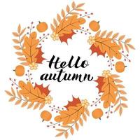 Ciao autunno scritto con spazzola. calligrafia manoscritto scritta. ghirlanda con colorato foglie, fiori e zucca. vettore modello per pantaloncini corti, tazze, striscioni, carte, sociale media eccetera.