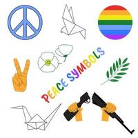 pace simboli impostare. Due pollici su, bianca origami colomba e gru, oliva ramo, bianca Shirley, arcobaleno colori, mani rottura un' fucile. elementi per no guerra concetto. vettore illustrazione