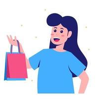 donna contento acquistare shopping con shopping Borsa contento gioia per in linea shopping vettore