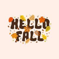 Ciao autunno mano lettering frase con autunno le foglie. vettore illustrazione