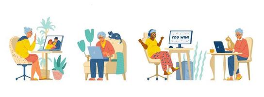contento anziano donne a il computer portatile piatto vettore impostare. anziano donne Lavorando, parlando per famiglia, giocando su computer. isolato su bianca.
