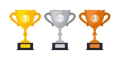 oro, argento e bronzo premio trofeo calice tazza icona cartello piatto stile design vettore illustrazione.