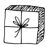 vettore illustrazione di un' Imballaggio scatola con un' arco. un' regalo, un' sorpresa. un' disegnato a mano scarabocchio. Visualizza a partire dal sopra.