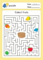 mettere frutta nel cestino labirinto gioco esercizi foglio kawaii scarabocchio vettore cartone animato