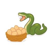 serpente mangiare uova nel nido kawaii scarabocchio piatto cartone animato vettore illustrazione