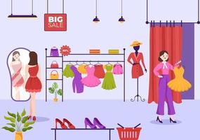 moda capi di abbigliamento memorizzare per donne modello mano disegnato cartone animato piatto illustrazione con shopping acquisto prodotti stoffa o vestiti design vettore