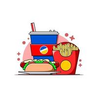 moderno piatto design illustrazione design di Rifiuto cibo o veloce cibo, morbido bere, francese patatine fritte, e taco vettore