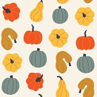 senza soluzione di continuità modello di colorato zucche nel cartone animato stile. giocoso sfondo di zucche, schiacciare, e zucca. autunno stampe per ringraziamento, e Halloween. ripetendo vettore piatto illustrazione. semplice.