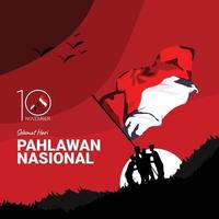 hari pahlawan nasionale silhouette persona nel il notte con il Luna su il rosso ondulato sfondo vettore