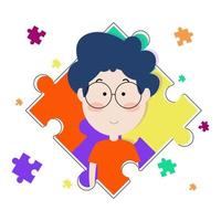 carino personaggio con puzzle dentro. ragazzo personaggio piatto design vettore