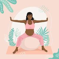 incinta africano americano ragazza fare yoga esercizi su un' in forma sfera. stabilità palla esercizi. Lavorando su e fitness, gravidanza concetto. piatto vettore illustrazione.