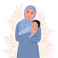 giovane arabo donna è Tenere neonato bambino. musulmano ragazza nel tradizionale vestire. Salute, cura, gravidanza, maternità concetto, contento La madre di giorno. piatto vettore illustrazione.