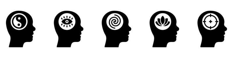 cervello equilibrio armonia nel testa silhouette icona. illuminati occhio, obbiettivo, loto khamsa, yin yang pittogramma. pace nel umano testa concetto nero icona. isolato vettore illustrazione.