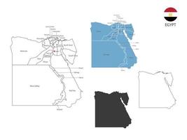 4 stile di Egitto carta geografica vettore illustrazione avere tutti Provincia e marchio il capitale città di Egitto. di magro nero schema semplicità stile e buio ombra stile. isolato su bianca sfondo.