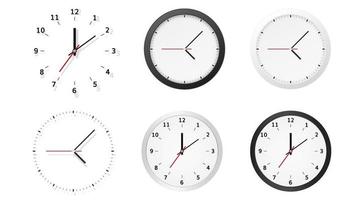 collezione di il giro analogico comporre orologio facce con ora, minuto e secondo mani isolato su bianca sfondo. tempo indicazione. moderno realistico vettore illustrazione.