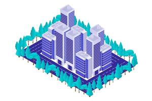 attività commerciale trimestre con grattacieli e parco isometrico. centro moderno città attività commerciale alto salire edifici. vettore