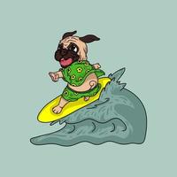 pug surf sull'illustrazione vettoriale d'onda