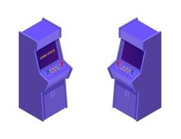 macchine da gioco arcade isometriche. console viola retrò con due joystick e pulsanti di controllo, con gioco di iscrizione sopra, fuori dal vecchio classico vettoriale dell'industria isometrica di gioco.