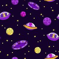 ufo senza soluzione di continuità modello. viola alieni su giallo volante piattini rosa asteroidi affrettandosi attraverso stella percorsi spazio vita tra galassie e costellazioni colorato cartone animato vettore universo.