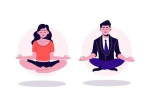 bella cartone animato yogi donna e attività commerciale uomo seduta nel loto posizione con chiuso occhi vettore